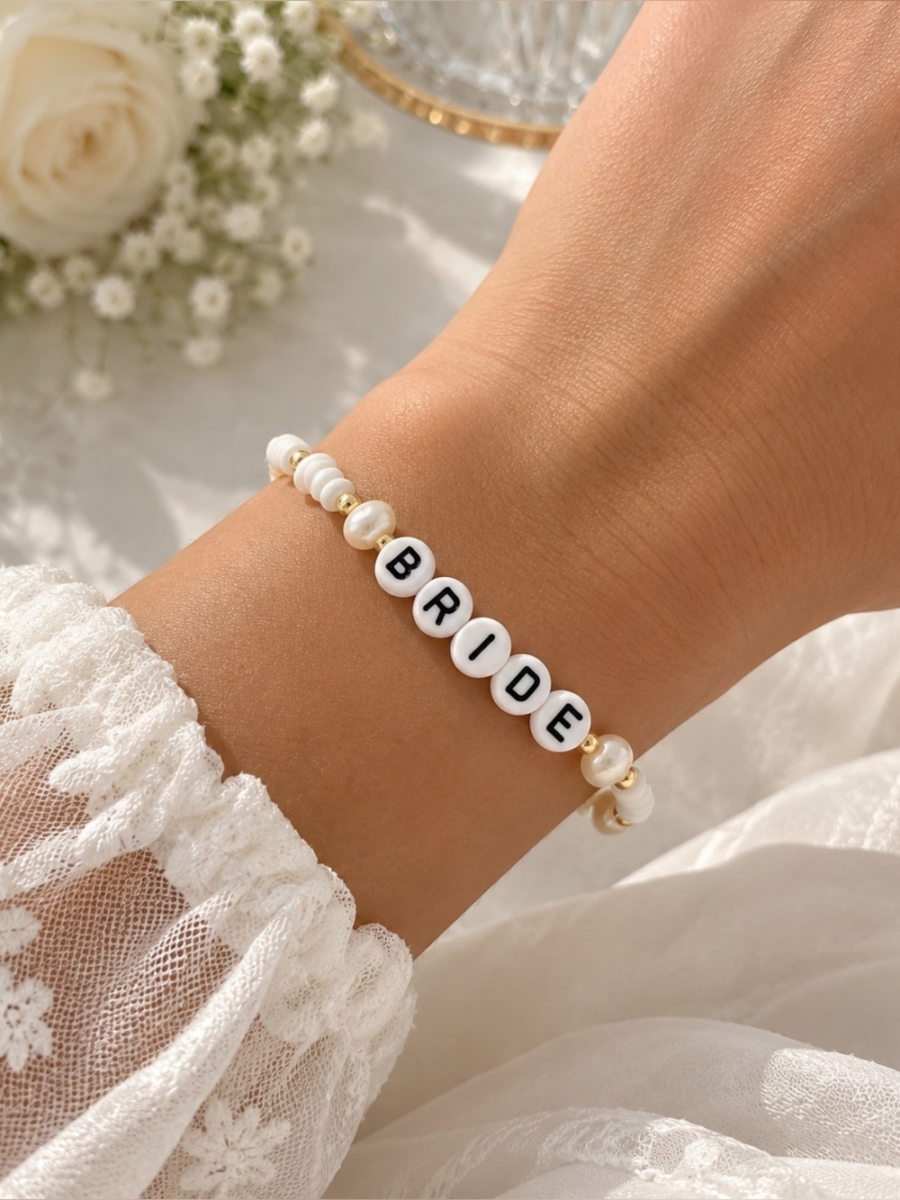 Handmade Bride Pearl Beaded Bracelet White & Gold Bridal Jewelry